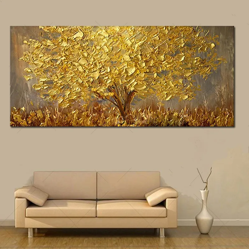 Ручная роспись Большая палитра 3D нож золотое дерево живопись современный пейзаж картина маслом на холсте настенная художественная картина для гостиной