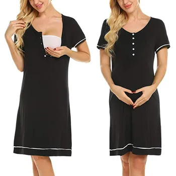

Fashion Maternity Nursing Delivery Nightgowns 2019 Tracksuit Breastfeeding Gown Dress(Black)