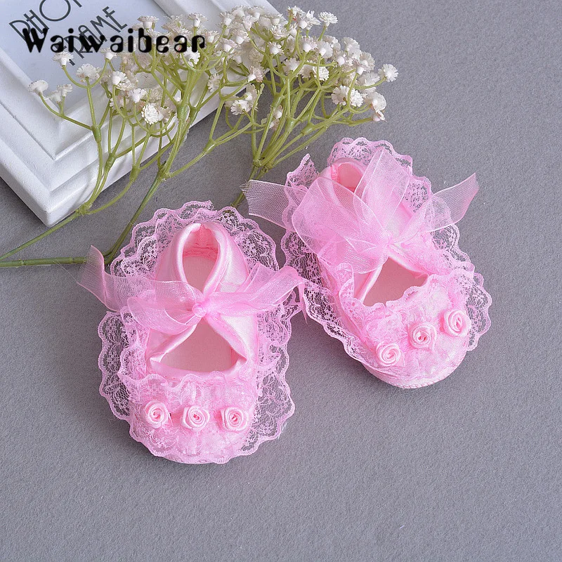 Waiwaibear Hot Sale  Baby Shoes Lace Flower Soft Soled First Walker Infant Toddler Princess Lace-Up Shoes For Newborn Baby Girls