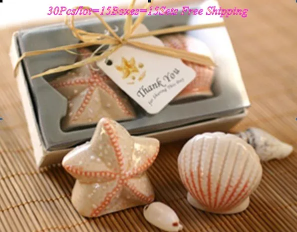 

(30Pcs/lot=15boxes) Beach themed Wedding souvenirs of Seashell and starfish salt and pepper shakers Bridal shower Party Favors