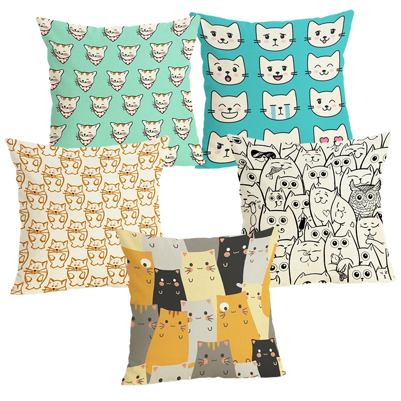 

Cartoon Cat Cushion Covers Home decoration 45x45 Decorative Beige Linen Pillow Case