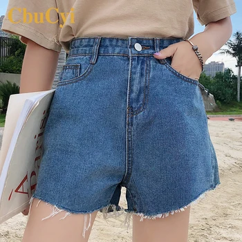 

2019 Summer Women Loose Shorts High Waist Blue Cotton Denim Shorts Women Casual Tassels Vintage Wide Leg Short Jeans Beach Wear