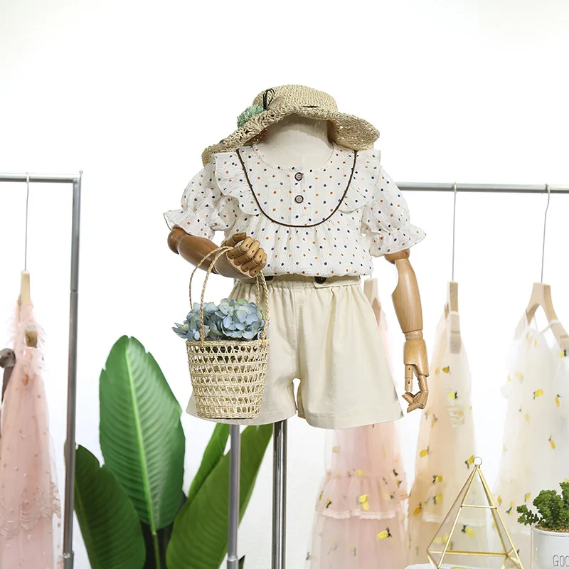 

Children's clothing girls doll shirt 2019 summer new chiffon short-sleeved polka dot shirt foreign children's shorts suit