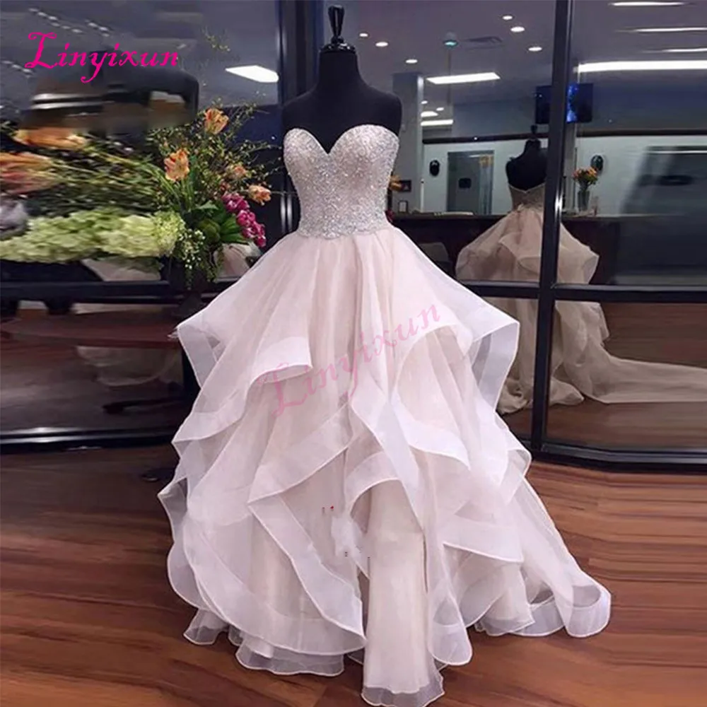 Vestido de Formatura розовые роскошные вышитые бисером платья для выпускного вечера Длинные оборками органза бальное платье Вечерние платья Бальные платья - Цвет: as pic