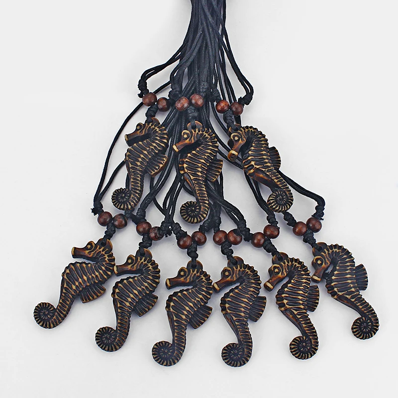 Wholesale Lot 12pcs White/Brown Tribal Yak Bone Powder Resin Carving Sea Horse Pendant Necklace