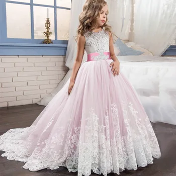

Flower Girl Dresses Big bow Gown elegant Lace Sleeveless Long Wedding Pageant Girl Dress First Communion Party Dress For Girls