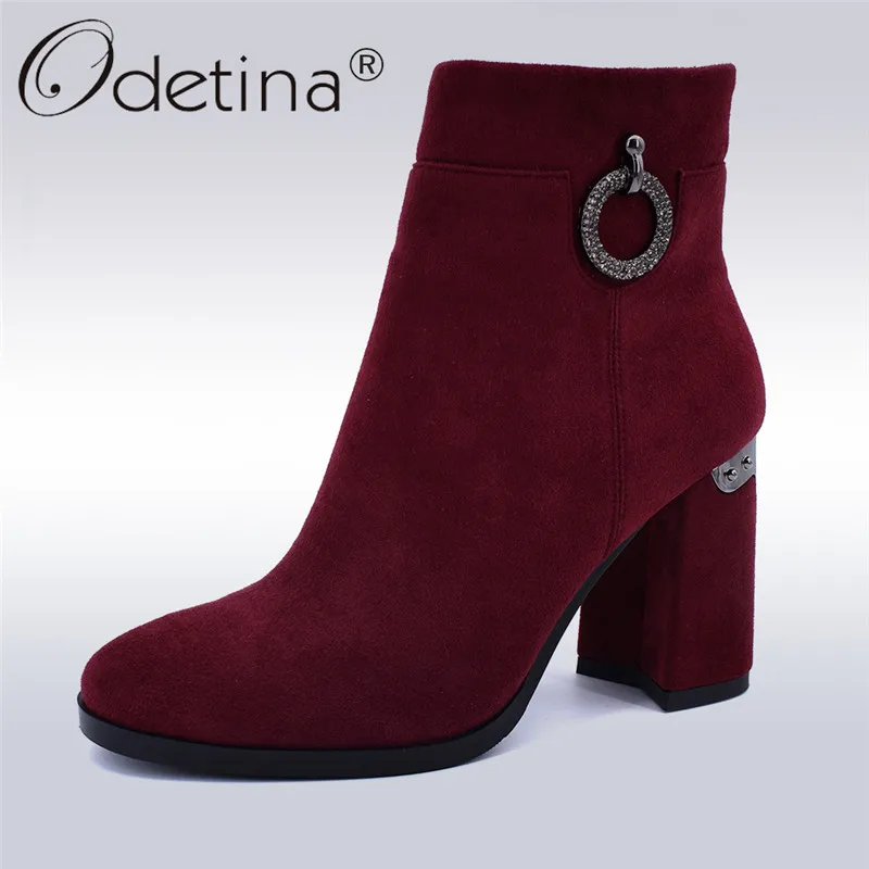 

Odetina Flock Leather Elegant High Heels Lady Ankle Boots Round Toe Zip Crystal Metal Decoration Women Winter Boots Plus Size 42