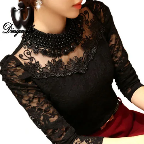 

M-3XL Sexy Lace Tops Autumn 2015 blusas new Slim Plus size lace blouse long sleeve Casual shirt beaded openwork Women clothing