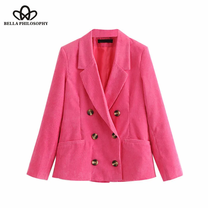 Wonder 2018 new Vintage Double Breasted Pocket Corduroy Blazers Coat Notched Collar Long Sleeve Outerwear Casual Casaco Femme