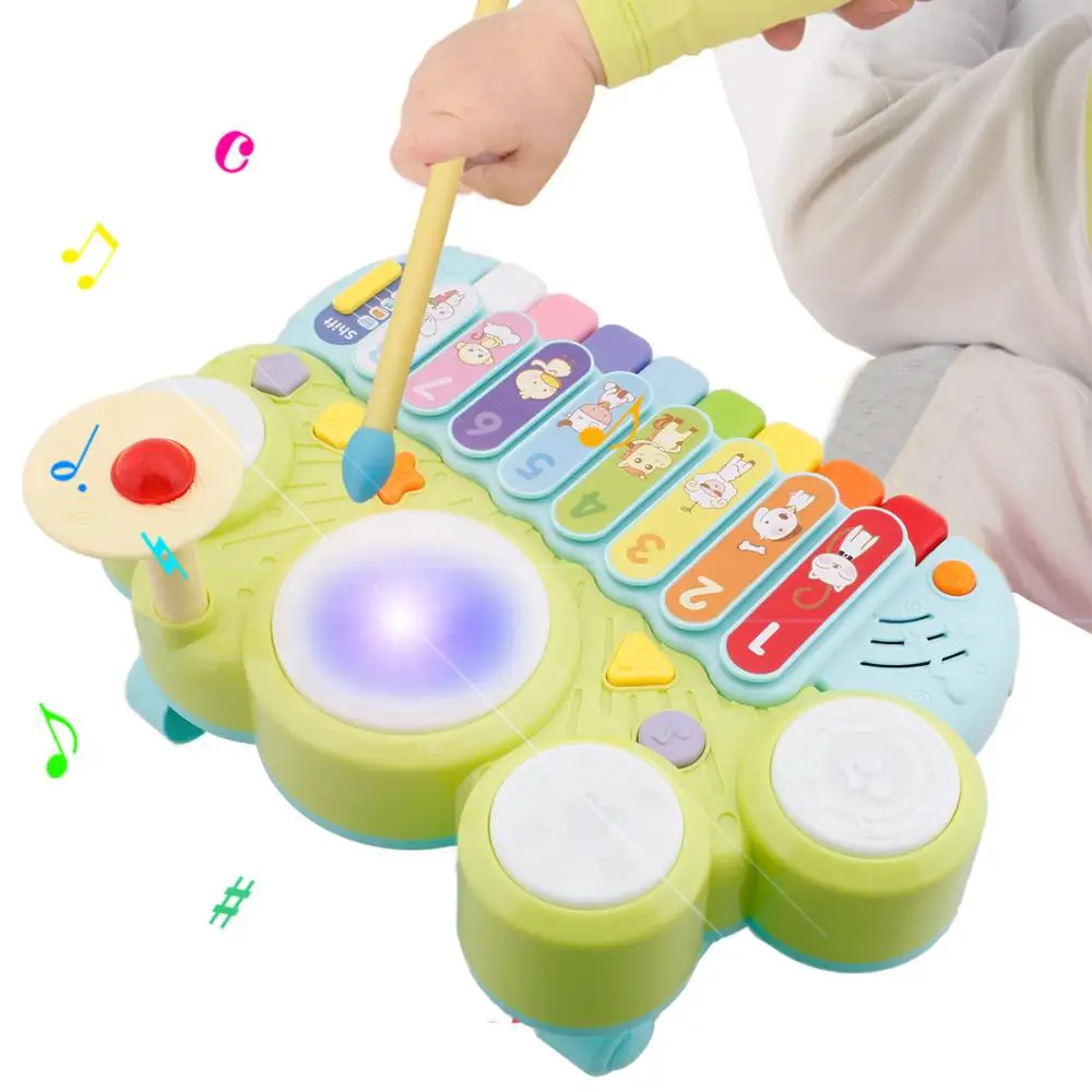 

Electronic Toy Drum Set Musical Instrument Baby Rock Band Flash Light Educational Playset with Adjustable Microphone for Kids