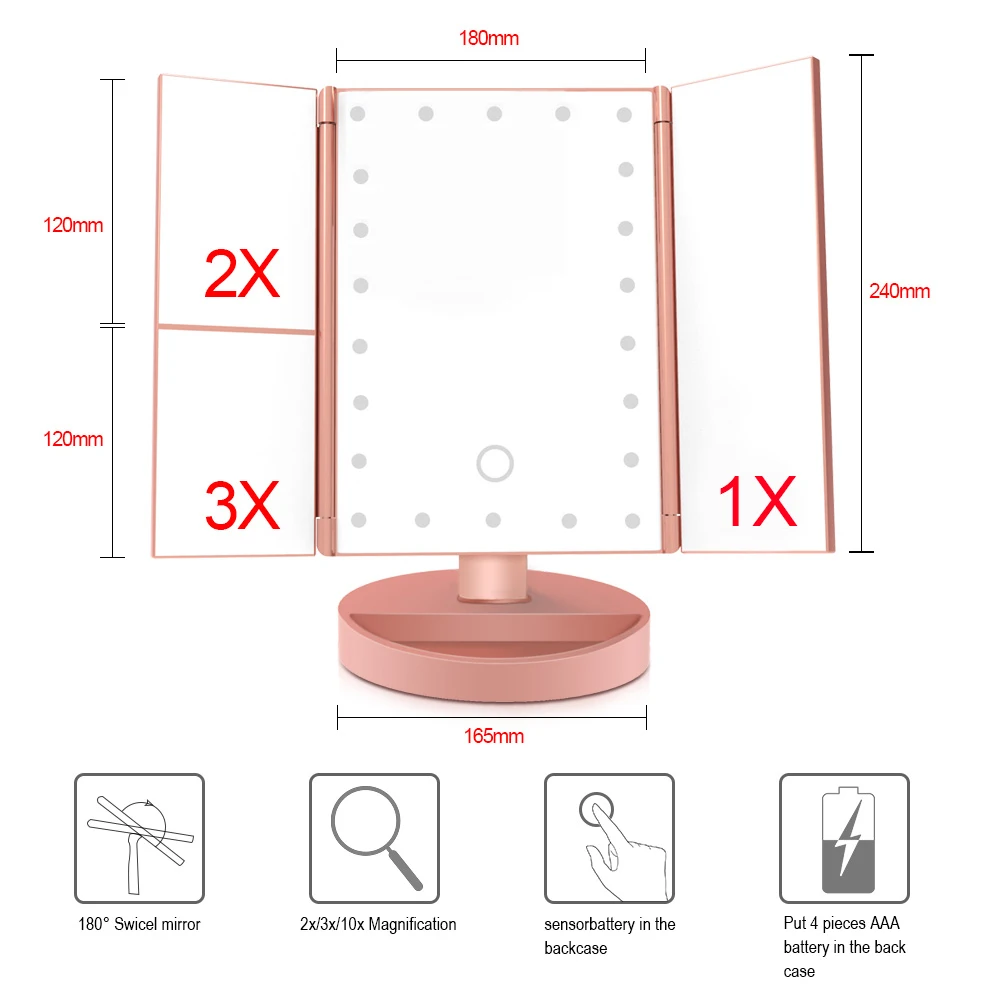 Оснащенное сенсорным экраном 22 светодиода зеркало для макияжа стол для макияжа 1X/2X/3X/10X увеличительное зеркало косметическое 3 складное регулируемое зеркало
