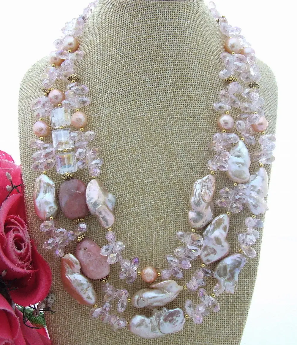 

FC031304 3Strands 30mm Keshi Pearl Pink Opal Crystal Necklace