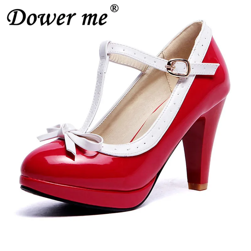 

2018 Plus Size 34-43 Women Summer high heels shoes Woman t-strap bowknot pumps lady platform daily work dress Footwear red yello
