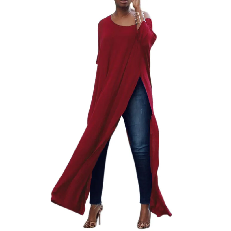 

1 Pcs Women Lady Dress Long Sleeve Split Round Collar Loose Solid Color Fashion Clothing -MX8