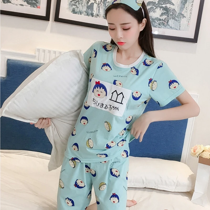 Cotton Pajama Set Women New 2019 Print Chi-bi Maruko With Chest Pad Short Sleeve Elastic Waist Sleepwear Lounge pyjamas S84704 | Женская
