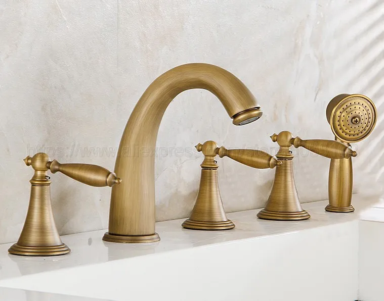 Antique Brass 5pcs Bathroom Tub Sink Faucet with Hand Shower Deck Mounted 5 Holes 3 Handles Bathtub Taps ztf036