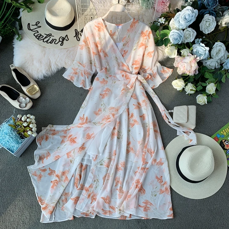 

2019 Summer V-neck Short-sleeved Plus Size Beach Women Dress Lace-up Floral Chiffon Dress Holiday Fairy French Retro Long Dress