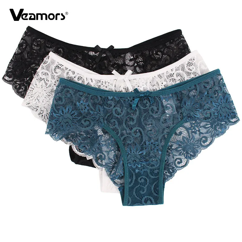 

VEAMORS Women's Sexy Full Lace Panties ,3PCS 5 Colors Fashion High Quality Transparent Floral Bow Soft Briefs Sexy Lingerie S-XL