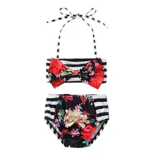 Полосатый купальник купальный костюм с цветочным принтом для маленьких девочек купальный костюм комплект бикини Детский купальник с галстуком-бабочкой