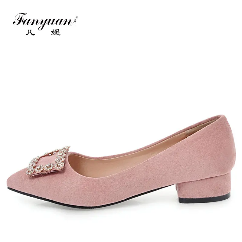 

Fanyuan 2018 new chunky low heels spring women pumps sexy pointed toe office lady Crystal Square buckle Girl shoes size 34-43