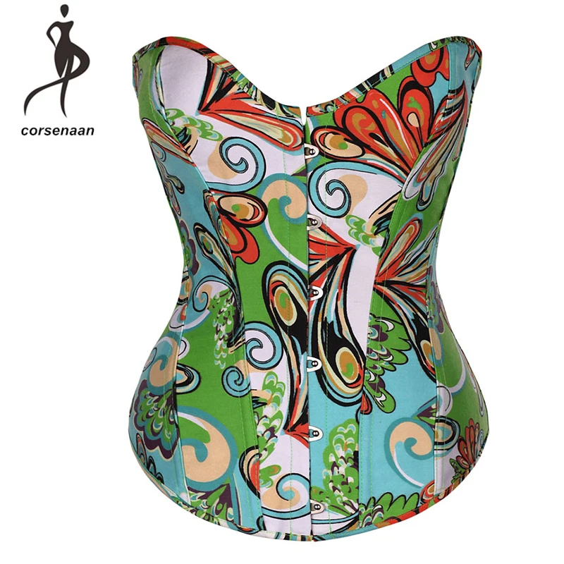 

Retro Spandex Women Underwear Lingerie Floral Printed Sexy Bustier Corset Red Green Blue Corsets Top Size S-2XL 846#