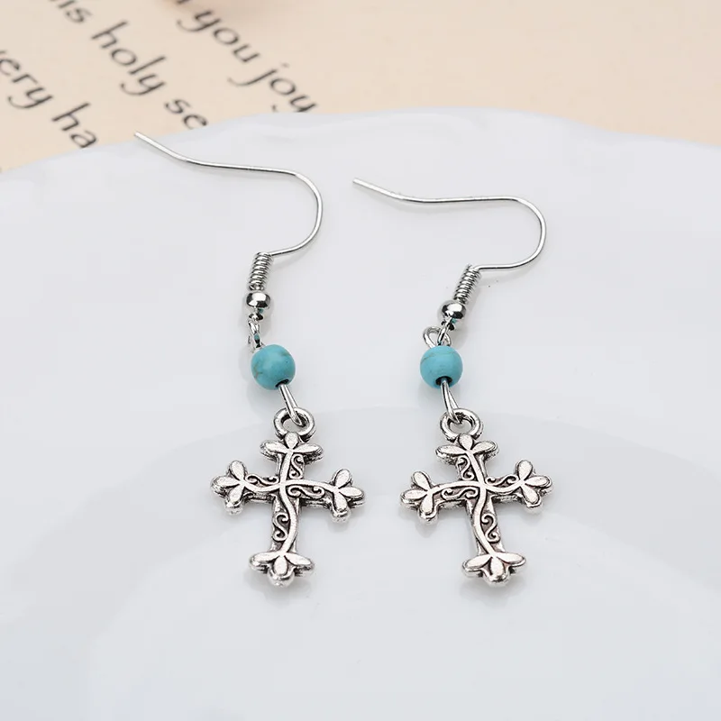 Fast selling Amazon eBay European and American simplified antique national eonstone small earrings Cross Earrings | Украшения и