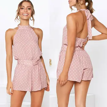 

Hirigin womens jumpsuit Polka Dot Female Rompers Bow Belt Halter short Wide leg Sleeveless Summer Fashion Beach womens jumpsuits