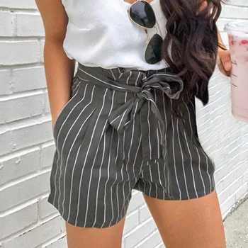 

Women Summer Casual High Waist Striped Shorts Elegant Woman New Fashion Tie Belt Short Trousers With Pocket Women's Shorts