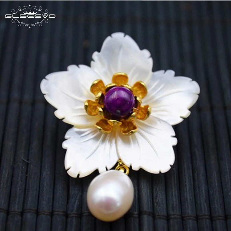 

GLSEEVO Natural Fresh Water Pearl Amethyst Shell Flower Brooch Pins And Brooches For Women Dual Use Luxury Fine Jewellery GO0113