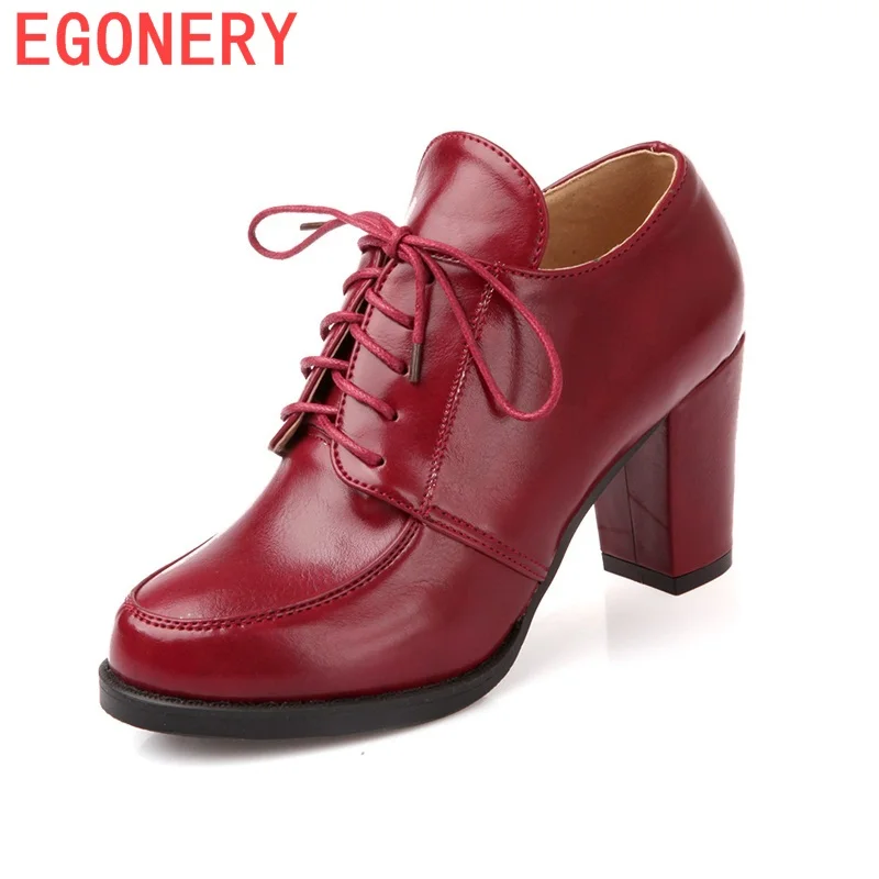 EGONERY woman pumps 2017 spring autumn lace up office lady shoes high heel retro style round toe shoes thick heel woman pumps