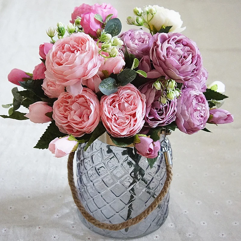 Красочные розы Пион Искусственные Шелковые цветы маленький букет Флорес домашние вечерние искусственный цветок для свадьбы украшение цветок
