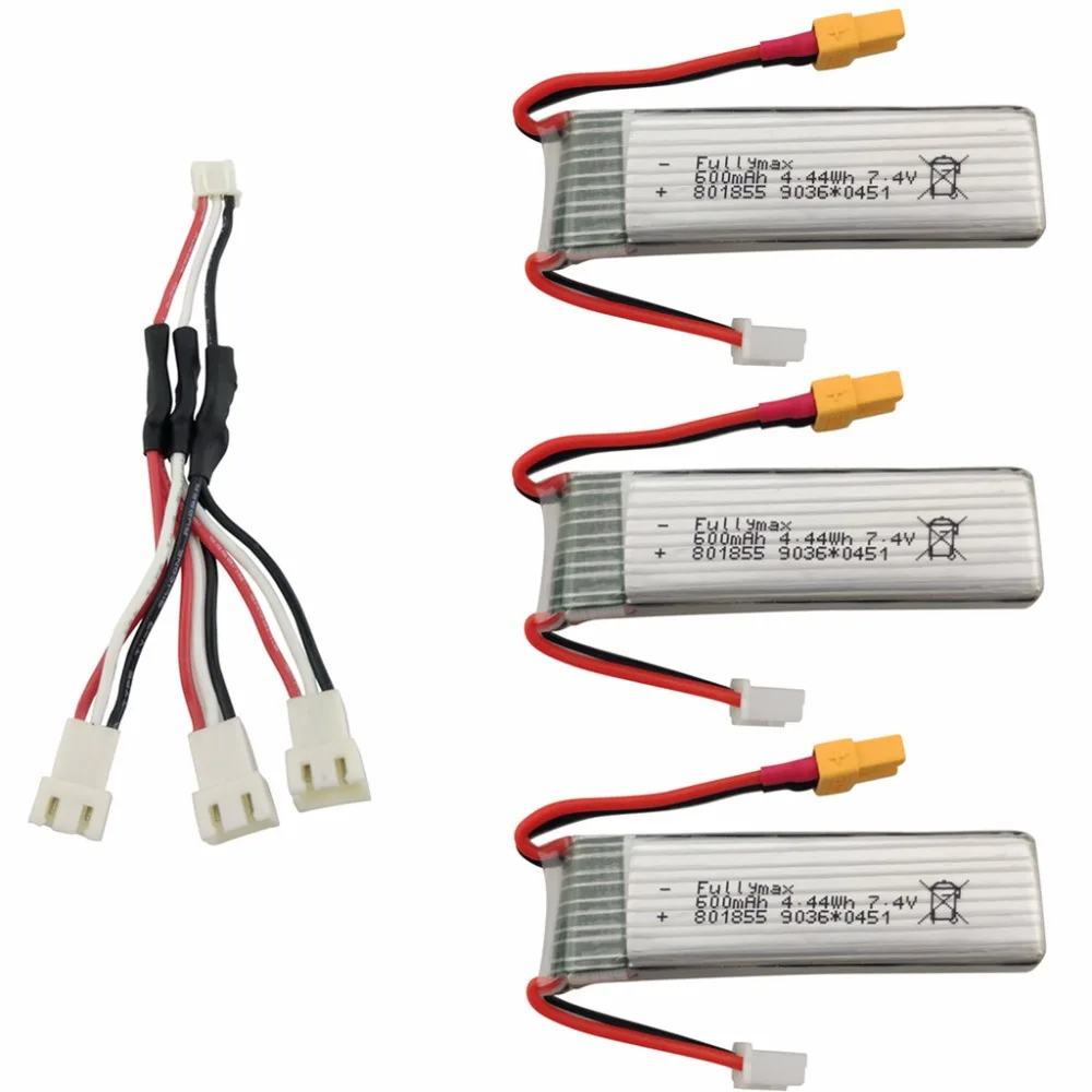 

3PCS 7.4V 600mAh lithium battery with 1 to 3 charging conversion line for XK K130 3D high rate aircraft model battery