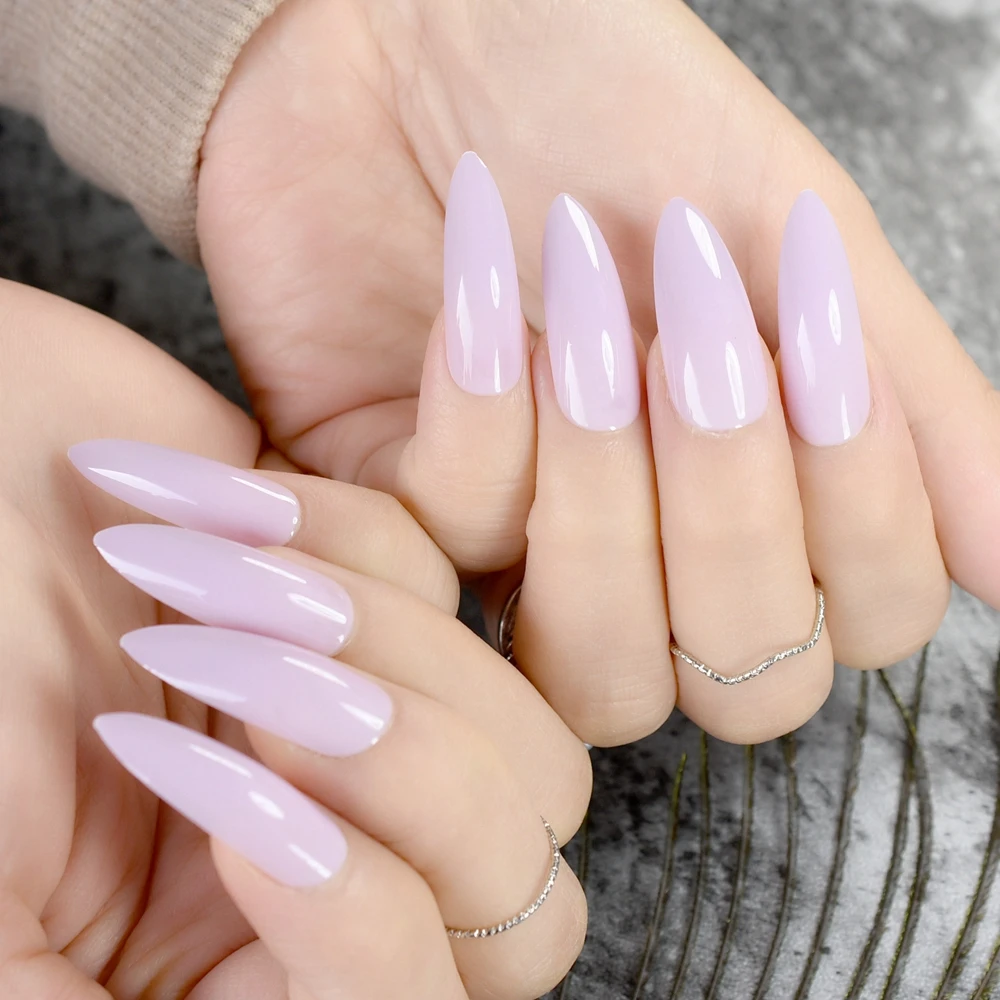 

Extra Long Plastic Nails Light Purple Shiny Show Finger Full Nails Point Manicure Tips with Glue Sticker