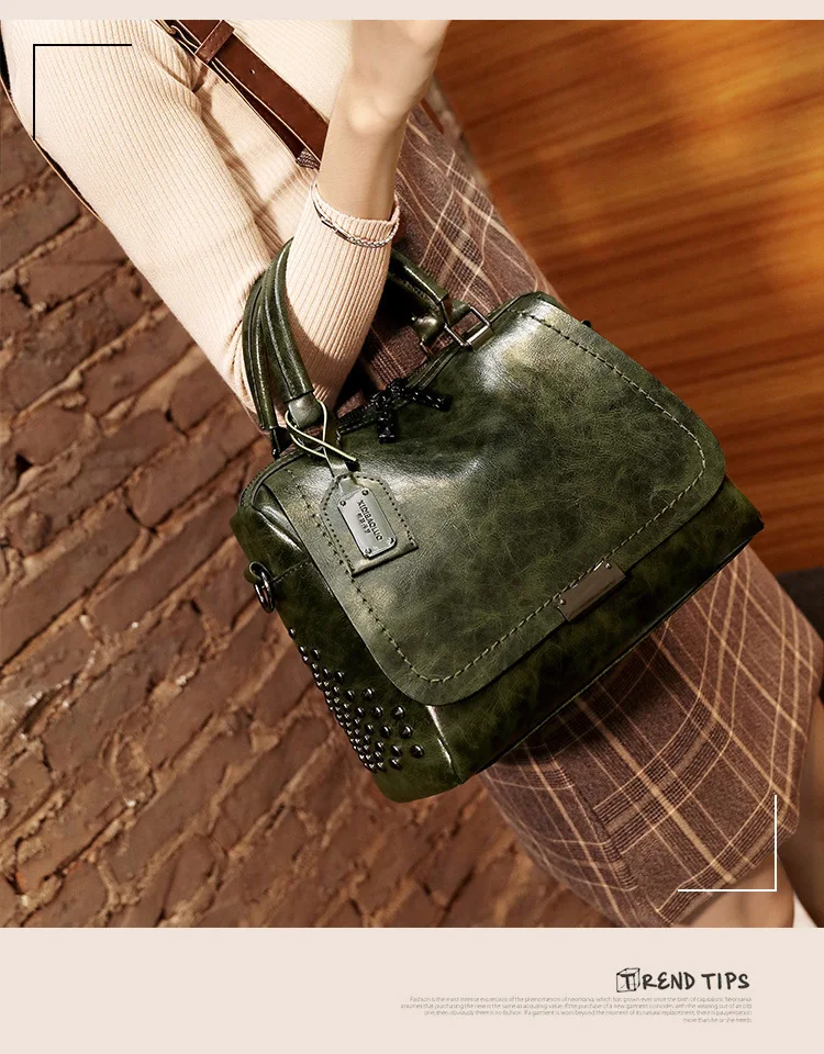 Винтажная Бостонская роскошная сумка из натуральной кожи, женские сумки-мессенджеры, дизайнерские сумки с заклепками, масляная восковая кожаная сумка на плечо, сумка почтальона