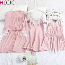 Комплект халатов из 4 предметов: халат+ ночная рубашка+ топ+ шорты, Шелковый Атласный банный халат, комплект летней одежды для сна, кружевной комплект ночного белья для женщин, пижама Mujer