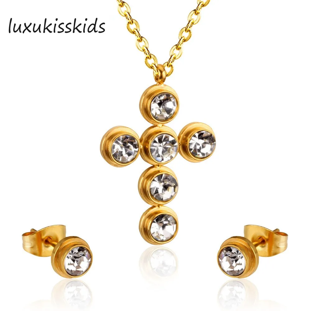 

LUXUKISSKIDS Jewelry Set Women Cross AAA Crystal Pendant Chain Necklace Stainless Steel Dubai African Jewelry Sets Christmas