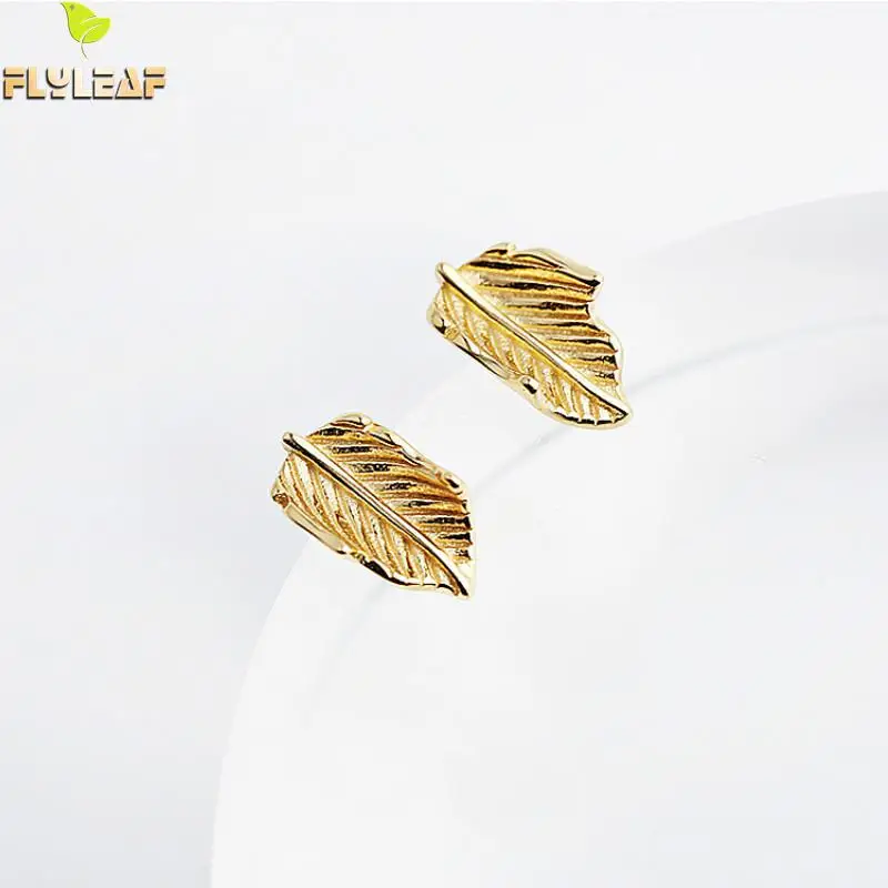

Flyleaf 100% 925 Sterling Silver Simple Golden Tree Leaves Stud Earrings For Women Fashion Party Jewelry
