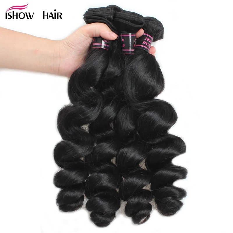 

Ishow Hair 4 Bundles Loose Wave Peruvian Hair Weave Bundles Deals 8-28 inch Natural Black Non Remy Human Hair Extensions