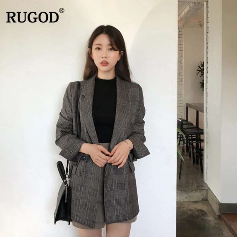 RUGOD новые клетчатые костюмы для досуга Для женщин с длинным рукавом блейзеры с вытачками Для женщин Модный повседневный костюм для женщин Для женщин костюмы офисные наборы для ухода за кожей