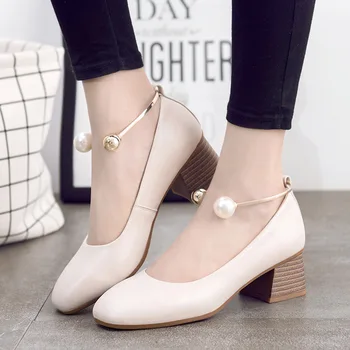 

2018 autumn new square head shallow mouth ring pearl with thick with single shoes large size 40-43 yards high heel women's shoes