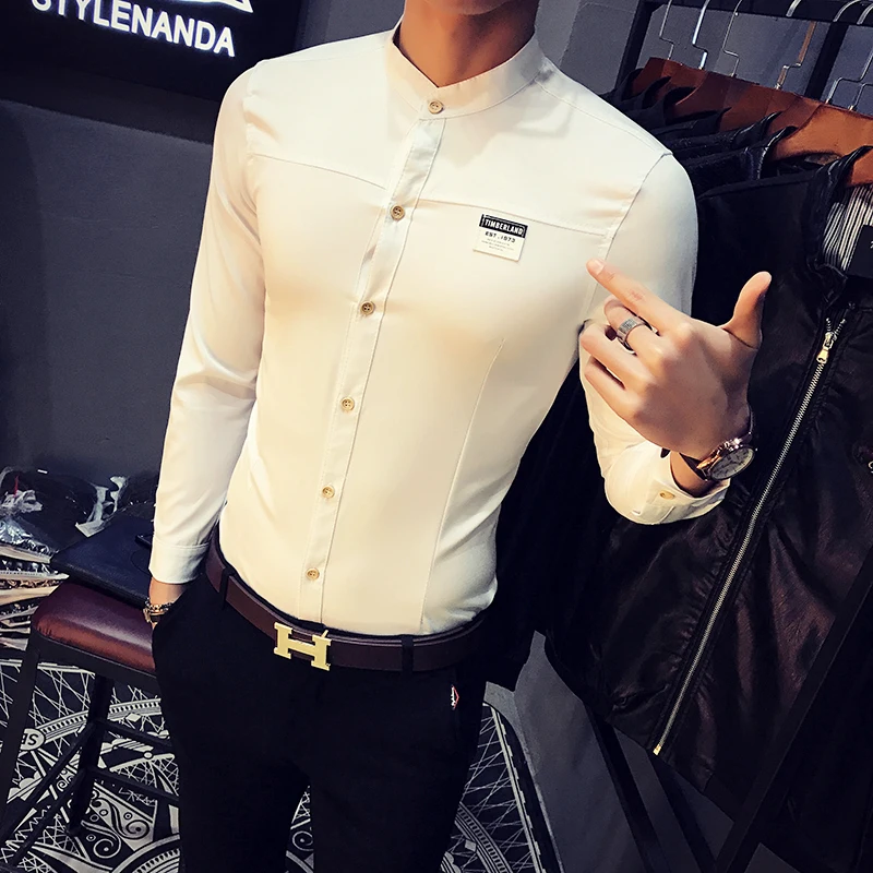 

Top Quality Men Shirt Slim Fit Simple Long Sleeve Casual Work Shirts Mens Stand Collar Solid Night Club Party Dress Shirts 5XL-S