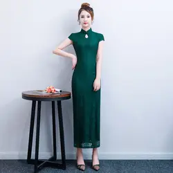 2019 летний китайский женский халат Новинка Платье в китайском стиле женские кружевные Qipao тонкий Платья для вечеринок Леди Кнопка Vestido