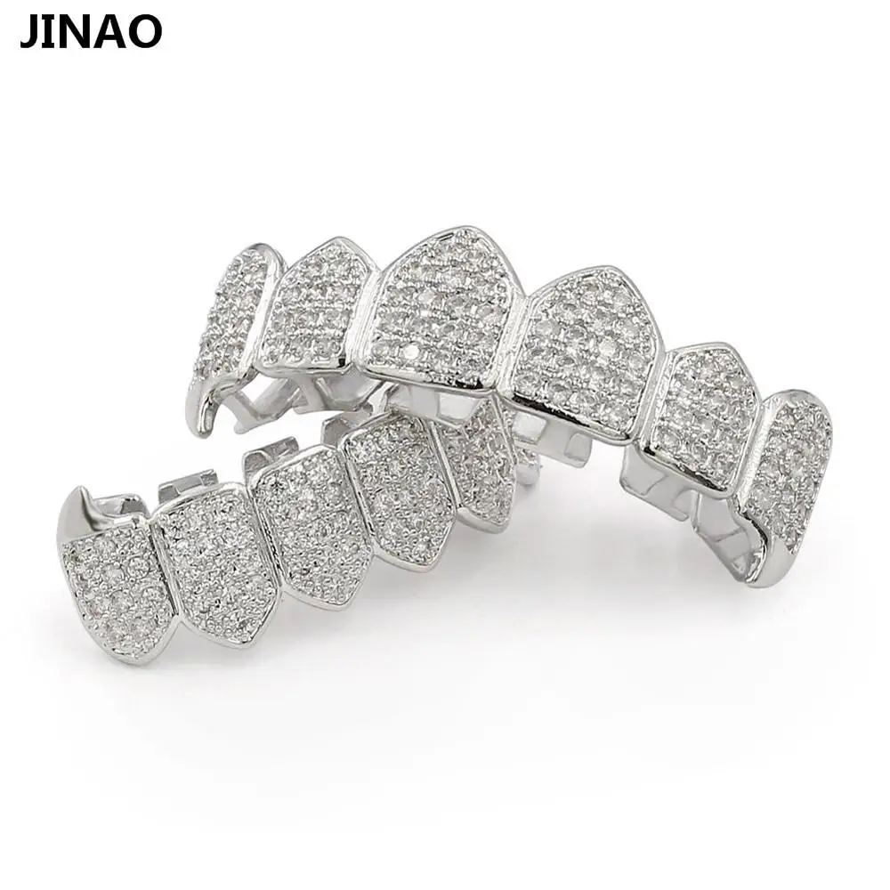 JINAO Чистый золотой цвет и посеребренный хип-хоп Grillz микро Pave CZ Золотой Клык верх и низ GRILLZ Рот Зубы грили вампирский набор - Окраска металла: Silver Set