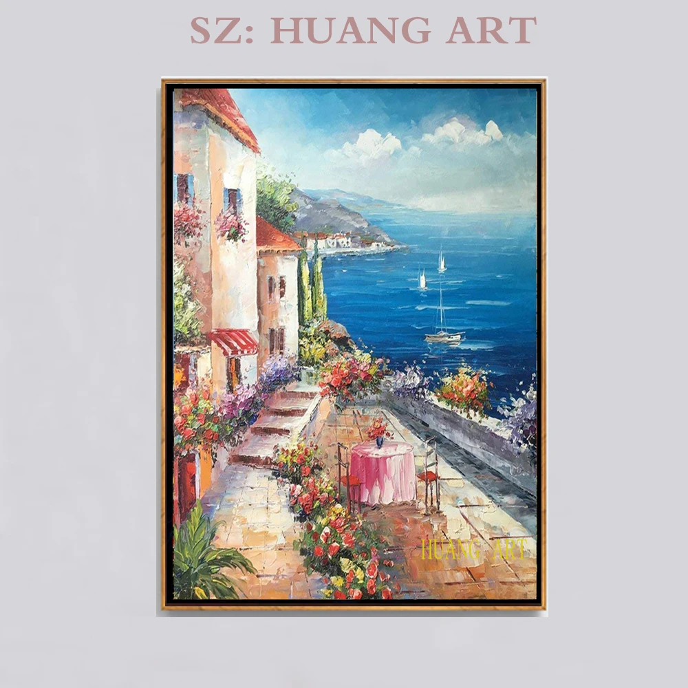 45/” x 30/” Coastal Cityscape Oil Painting Artwork Italian Town Canvas Wall Art Mediterranean Style Street Painting for Living Room