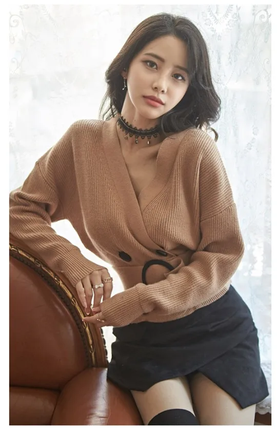 New High Quality Warm Cardigan Winter Women V Neck Double Breasted Short Sweaters Women Casual With Belt Knit Sweater DS50816