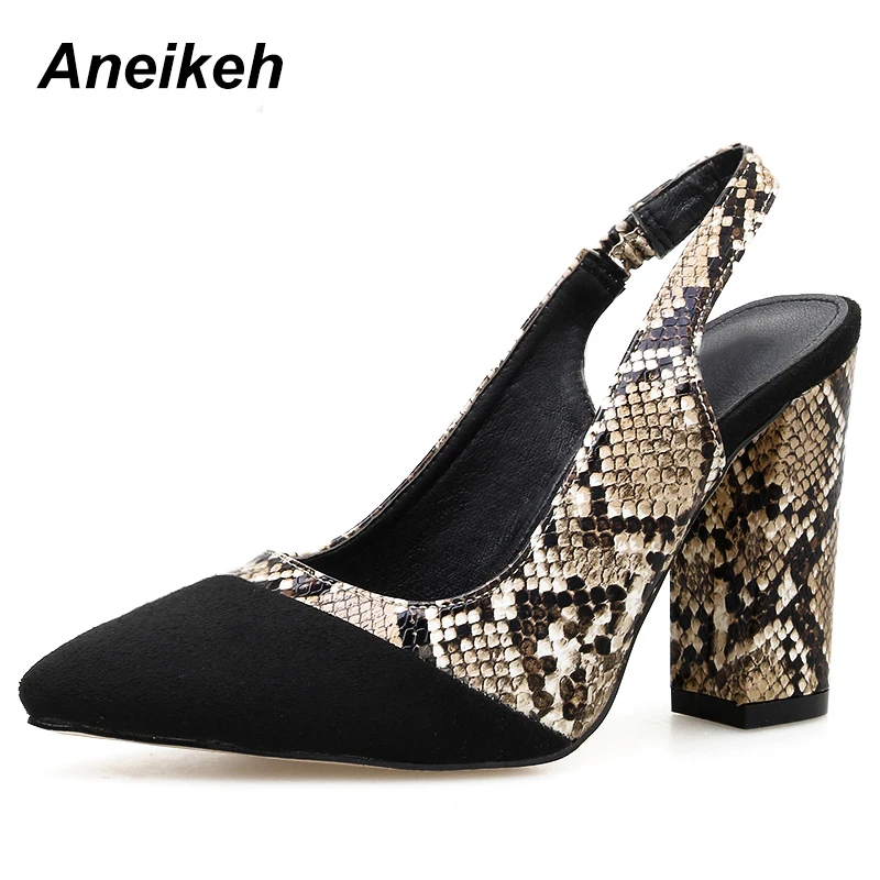 

Aneikeh 2019 Flock Pumps Women Pointed Toe Buckle Gladiator Square High Heels Fashion Mature Dance Serpentine Black Size 35-40