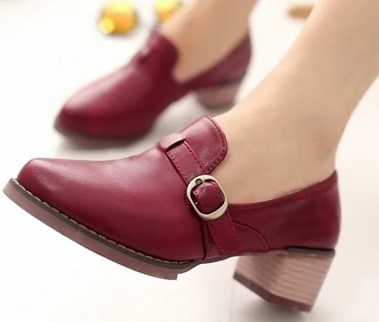 

2015 new arrive big size34=43 sweet style Buckle pumps low heels Round Toe women shoes thick heels leisure dress shoe