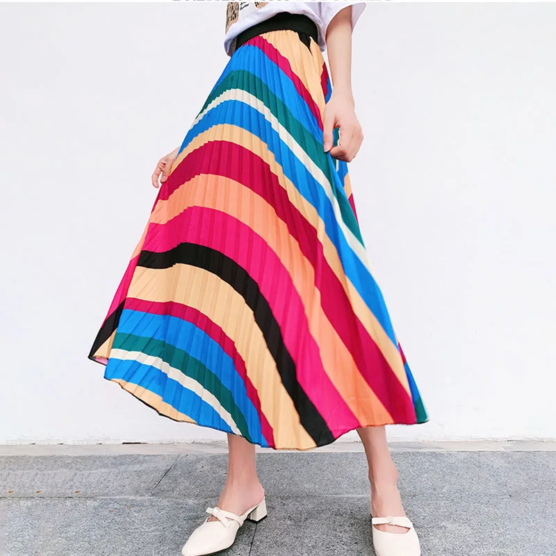 

Colorful Print Beach Boho Skirt Plus Size Long Maxi Skirt Summer Elastic Waist Pleated Skirt Korean Vintage Streetwear A-Line