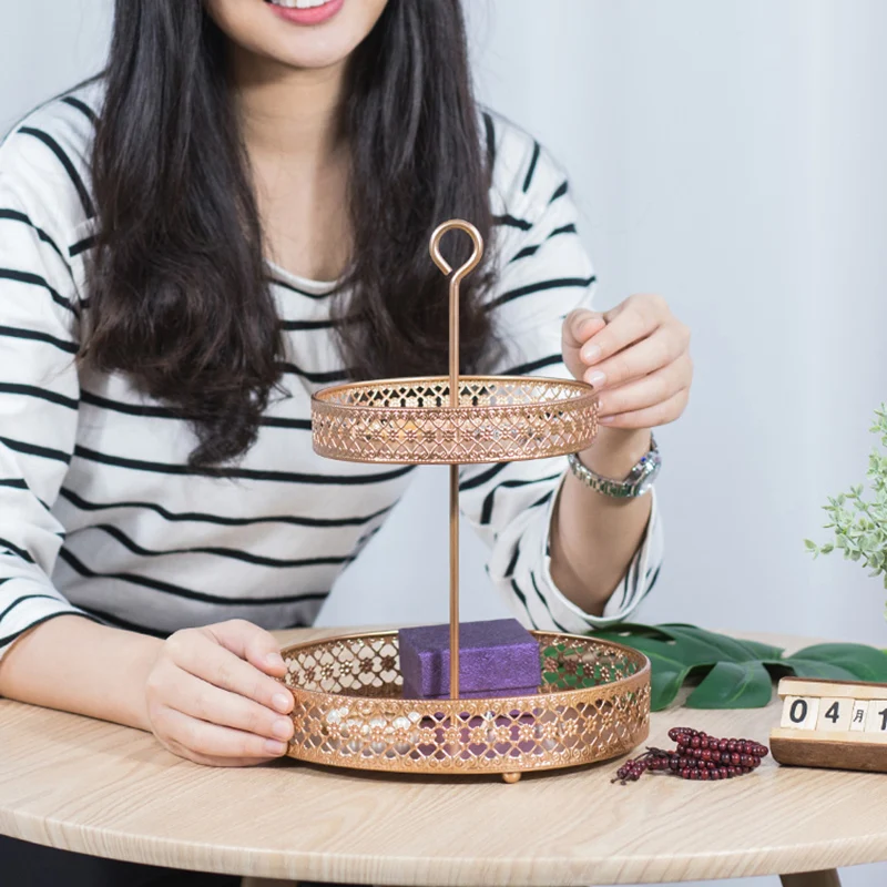 Gold Handmade Iron Cosmetic Storage Rack Round Tray Desktop Key Watch Shelf Makeup Jewelry Organizer Sundries Container