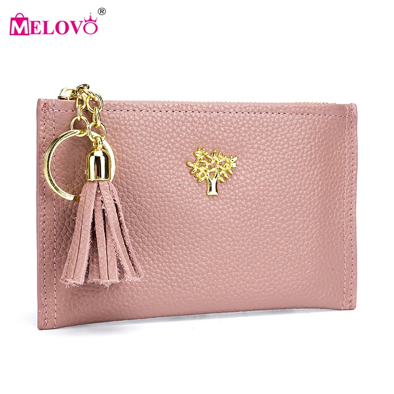 MELOVO Fashion Genuine Leather Tassels Coin Purses Women Credit Card